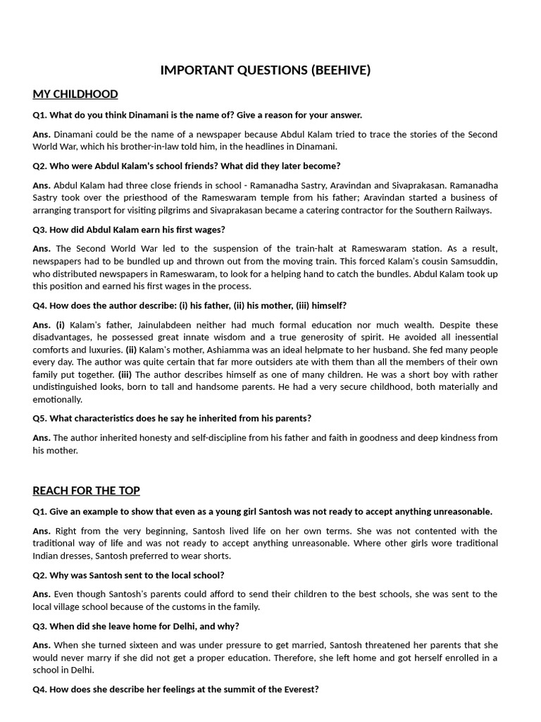 Important Questions Beehive | PDF