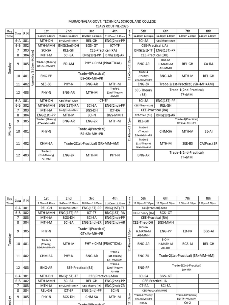Class Routine 4-1-2026 Update 2.2 | PDF | Chess | Chess Openings