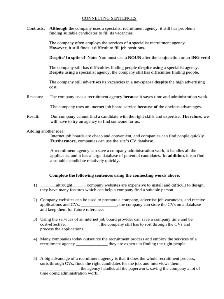 CONNECTNG SENTENCES - Linking Words (Theory + Exercise) | PDF ...