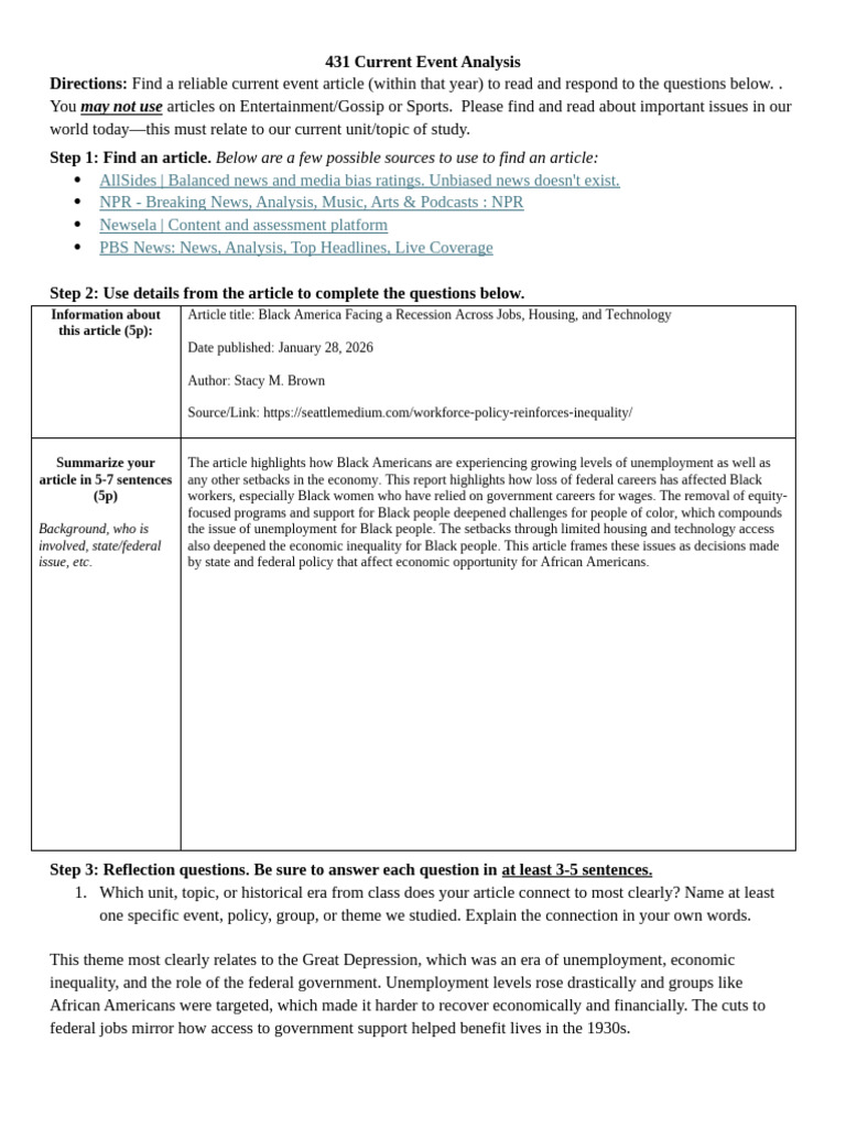 431 Current Event Analysis | PDF | Economic Inequality | Discrimination ...