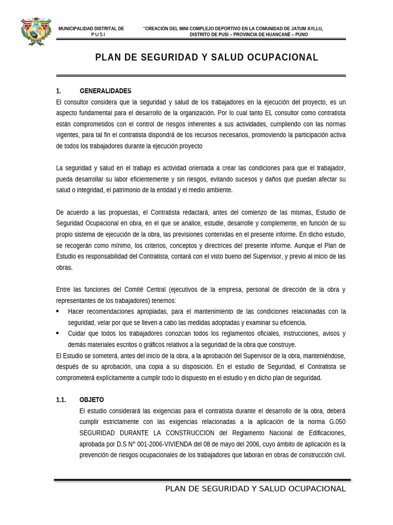Plan de Seguridad y Salud Ocupacional | PDF | Seguridad y salud ...