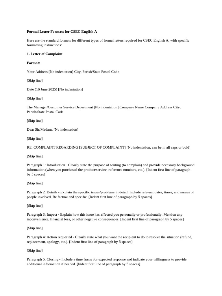 # Formal Letter Formats For CSEC English A - Here Are The Standar | PDF ...