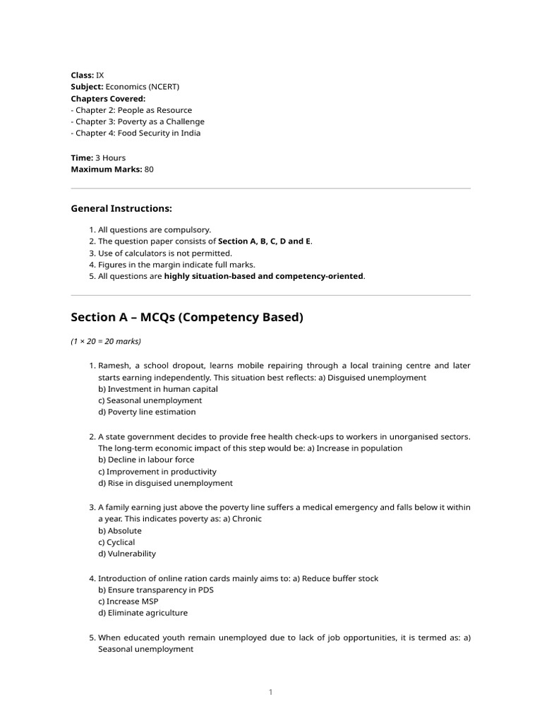 Class Ix Economics - Competency Based Question Paper (80 Marks) | PDF ...