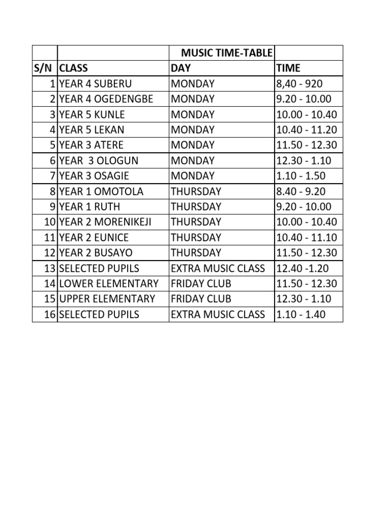 Music Timetable v2 | PDF