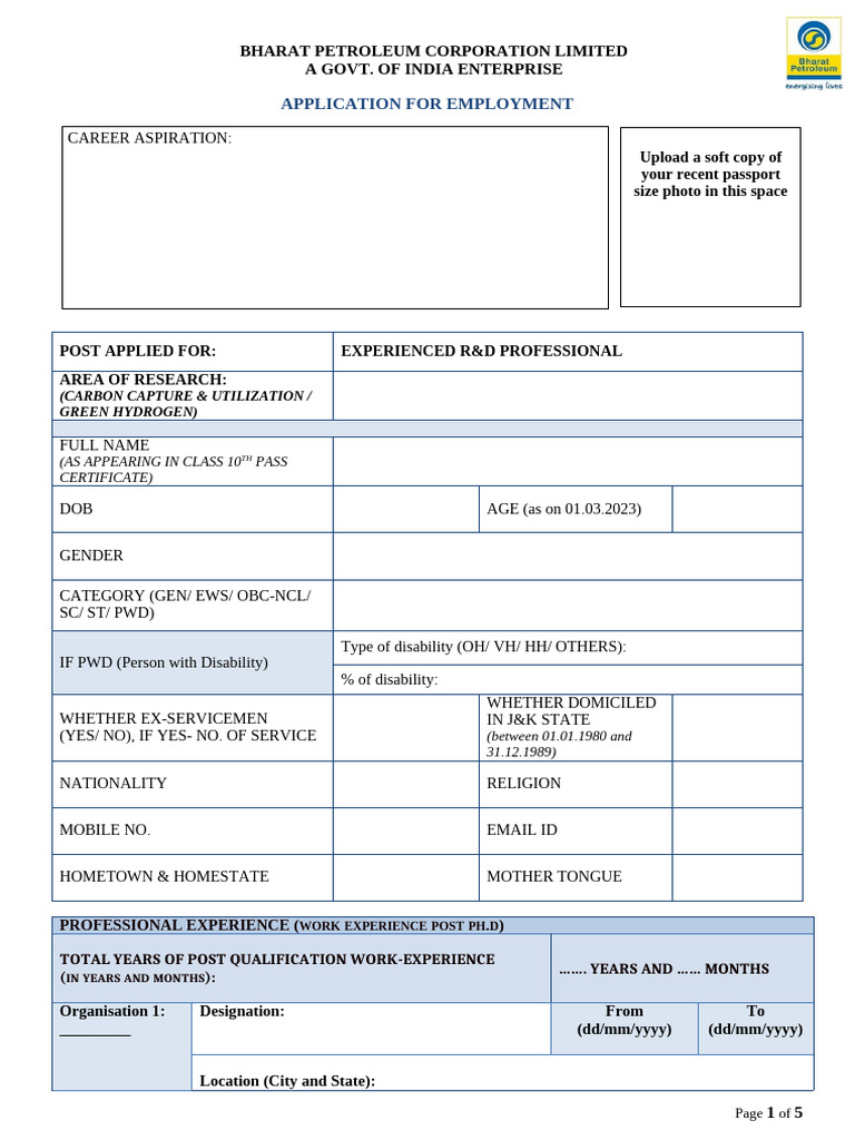 Application Form For Employment As Experience R&D Professional in BPCL ...