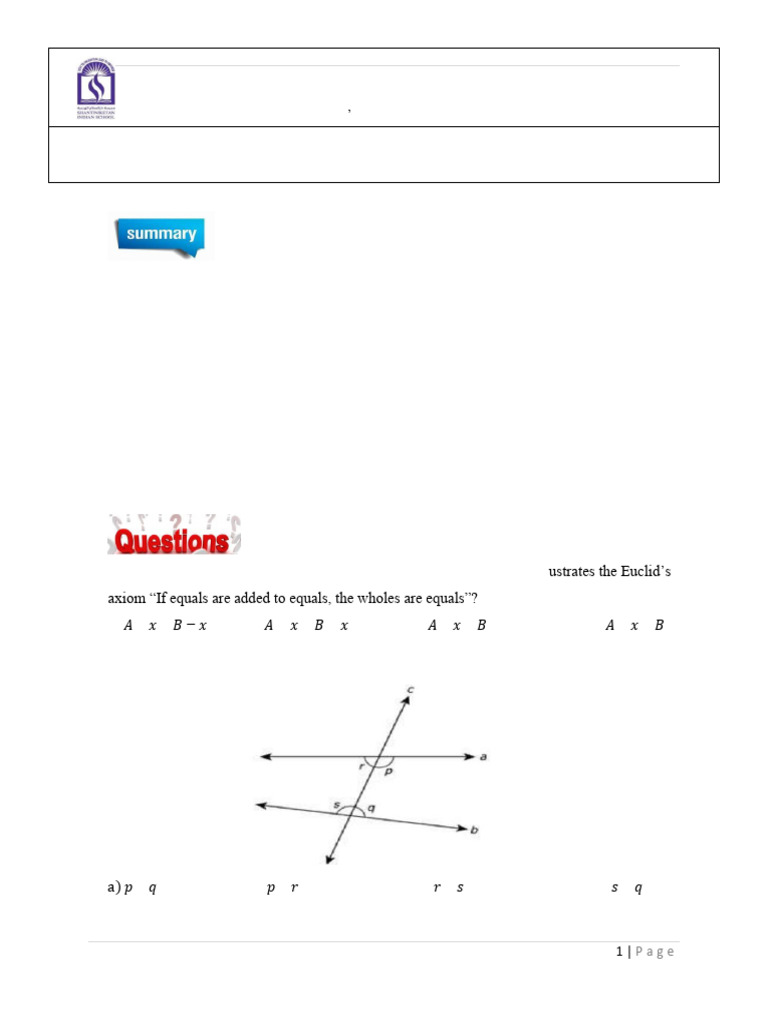 Euclid's Geometry Worksheet | PDF | Axiom | Line (Geometry)
