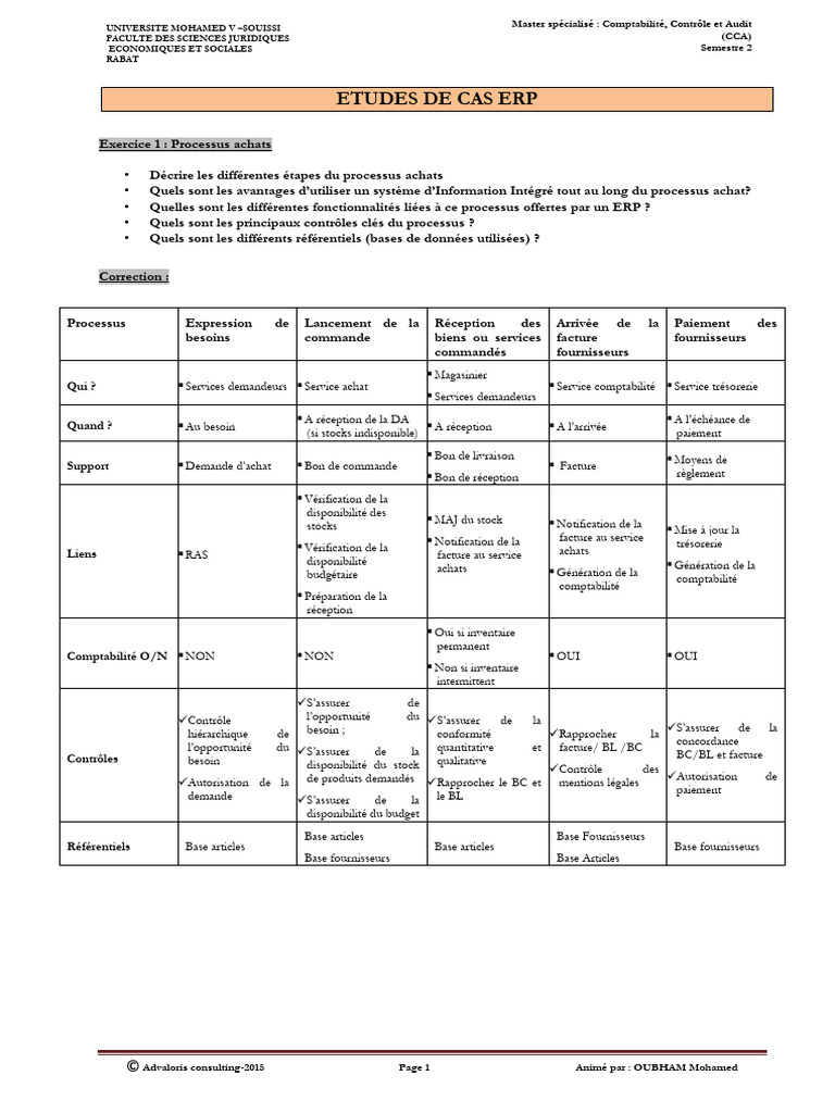 CCA - ETUDES DE CAS ERP Avec Corrigés | PDF | Progiciel de gestion ...