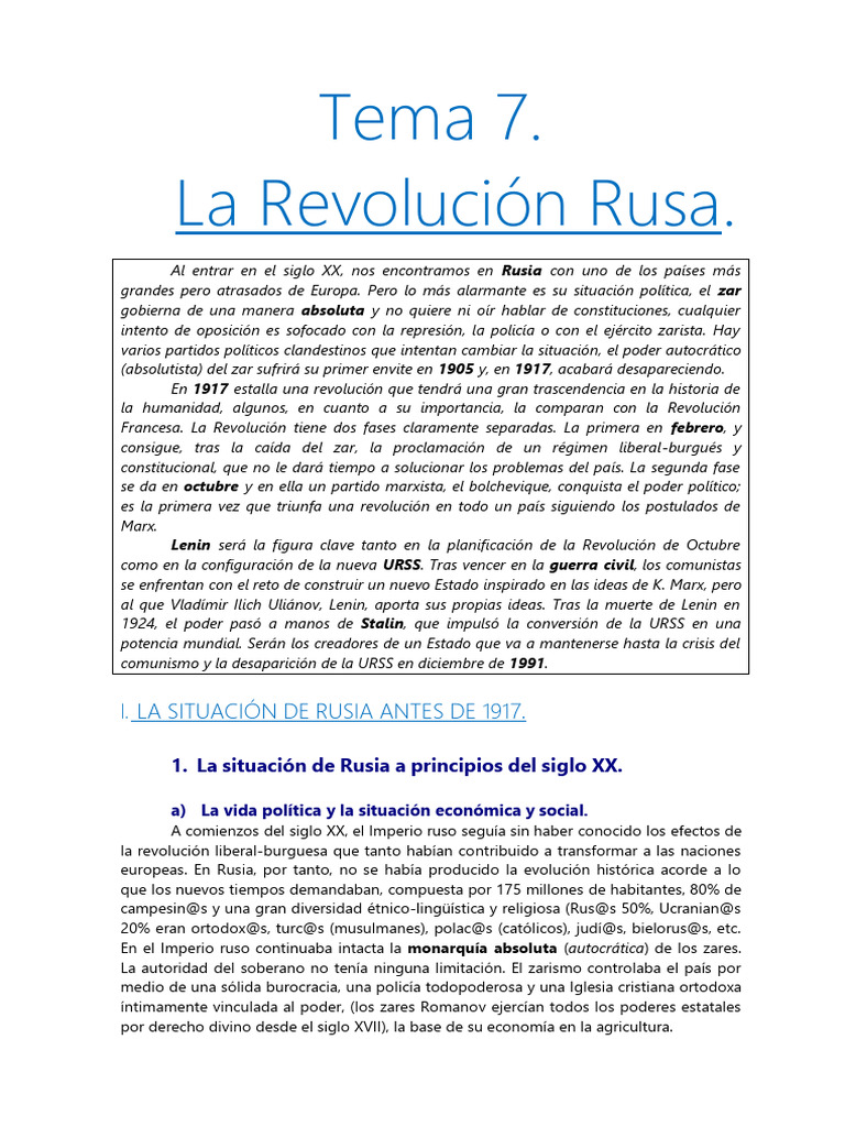 Tema 7. La Revolución Rusa | PDF | Vladimir Lenin | Bolcheviques