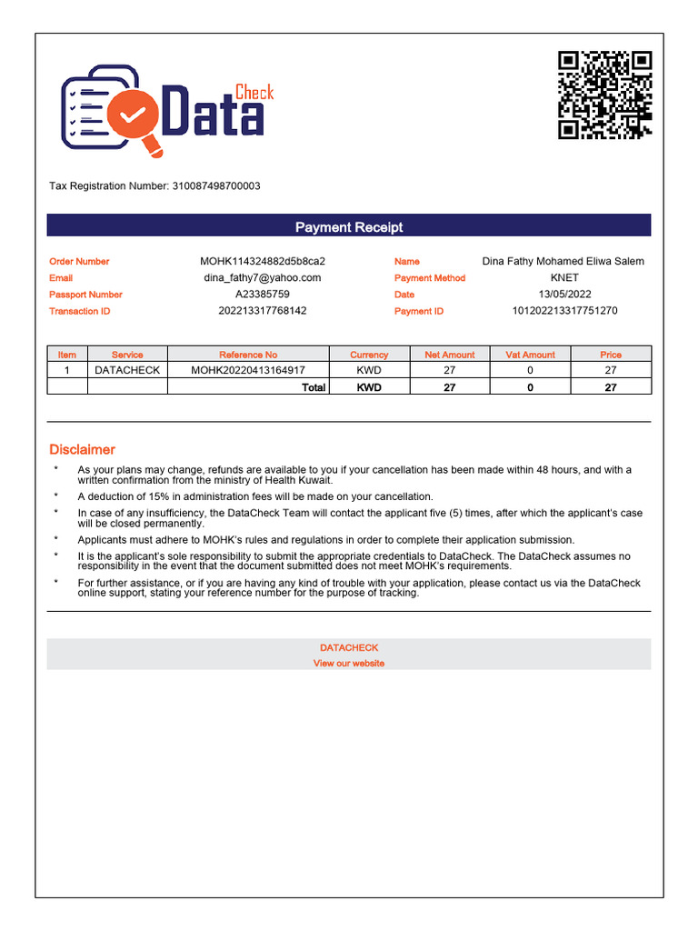 DATACHECK PaymentReceipt | PDF