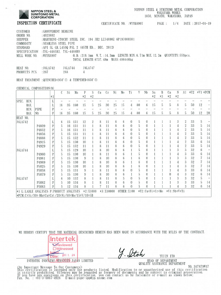 MTC 3.1 - Pipe 8inch X 14.3 x65 - API 5l l450q | PDF