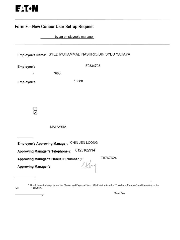Form F - New Concur User Syed Nashriq | PDF