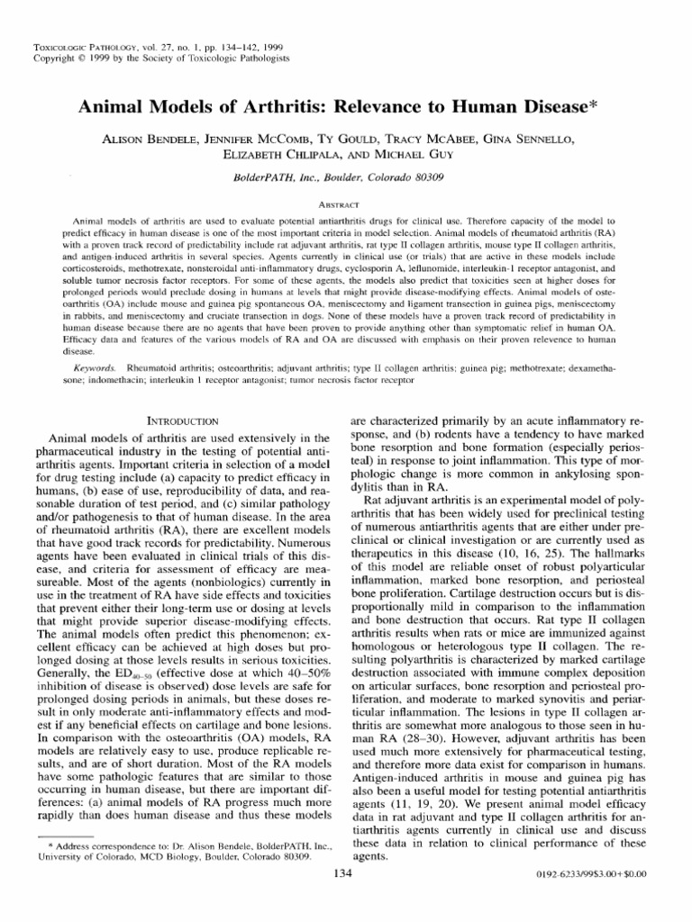 Bendele Et Al 1999 Animal Models of Arthritis Relevance To Human ...