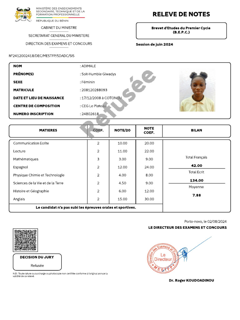 Releve de Notes 17230368622912277 | PDF
