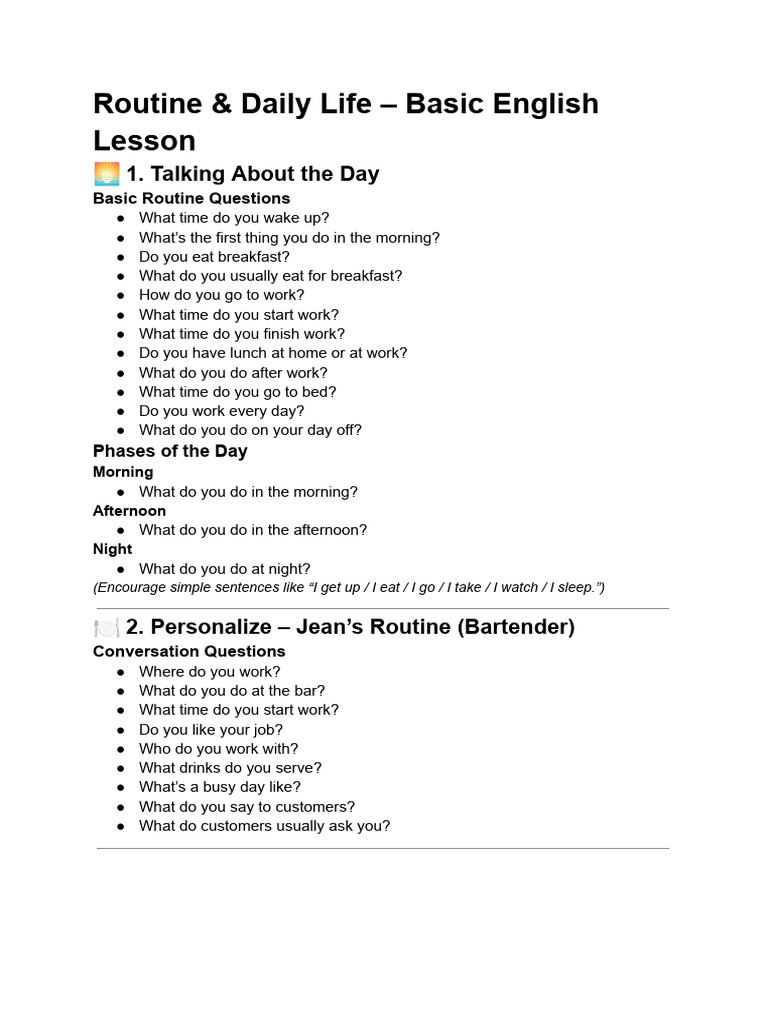 Routine & Daily Life - Basic English Lesson | PDF