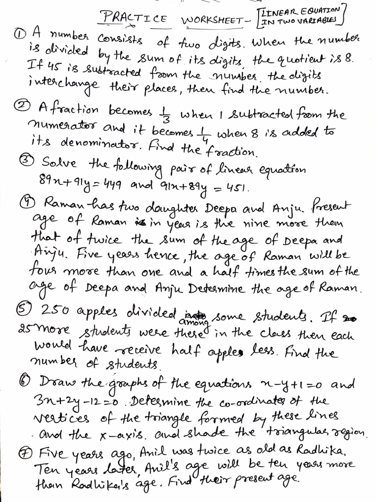 Worksheet Linear Equation in Two Variables | PDF | Equations ...