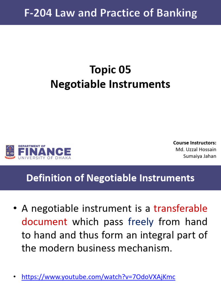 Topic 05 - Negotiable Instruments | PDF | Negotiable Instrument | Cheque