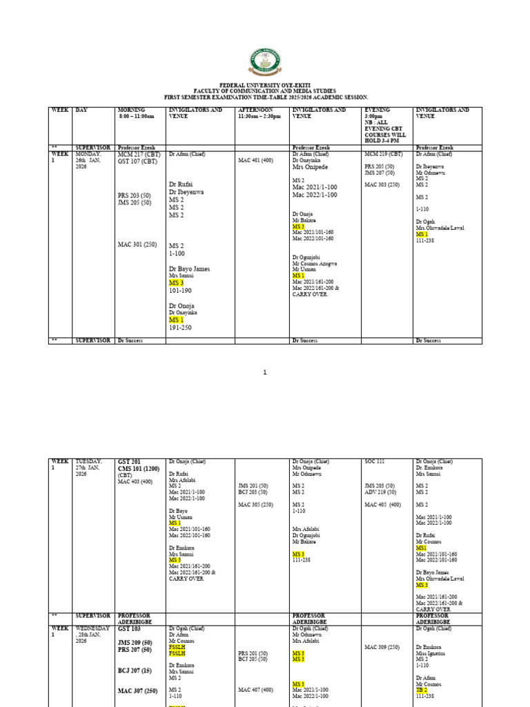 Fcms Fs 2025-2026 Examination Timetable 12-1-26 - 093527 | PDF
