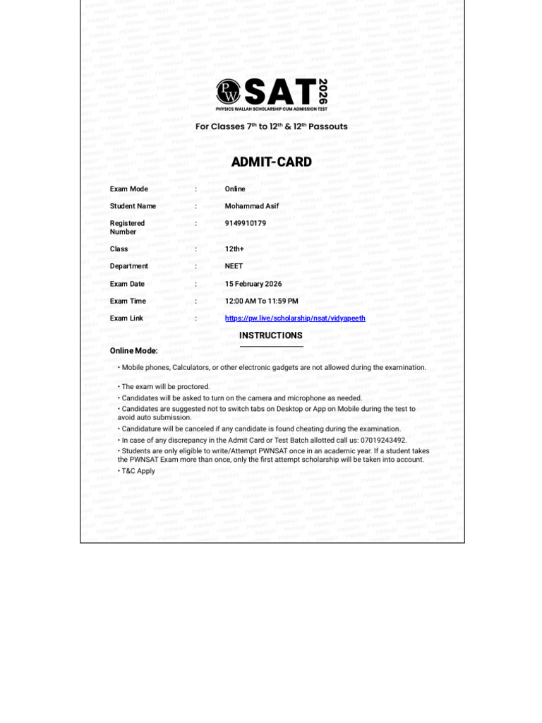 Vidyapeeth PWSAT Mohammad Admit Card | PDF