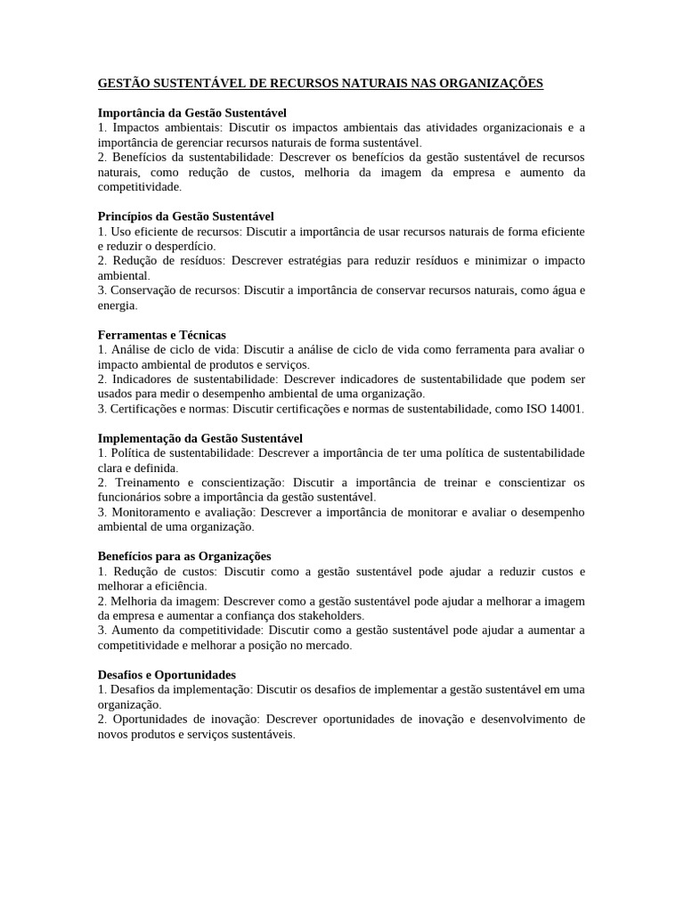 Gestão Sustentável de Recursos Naturais Nas Organizações | PDF