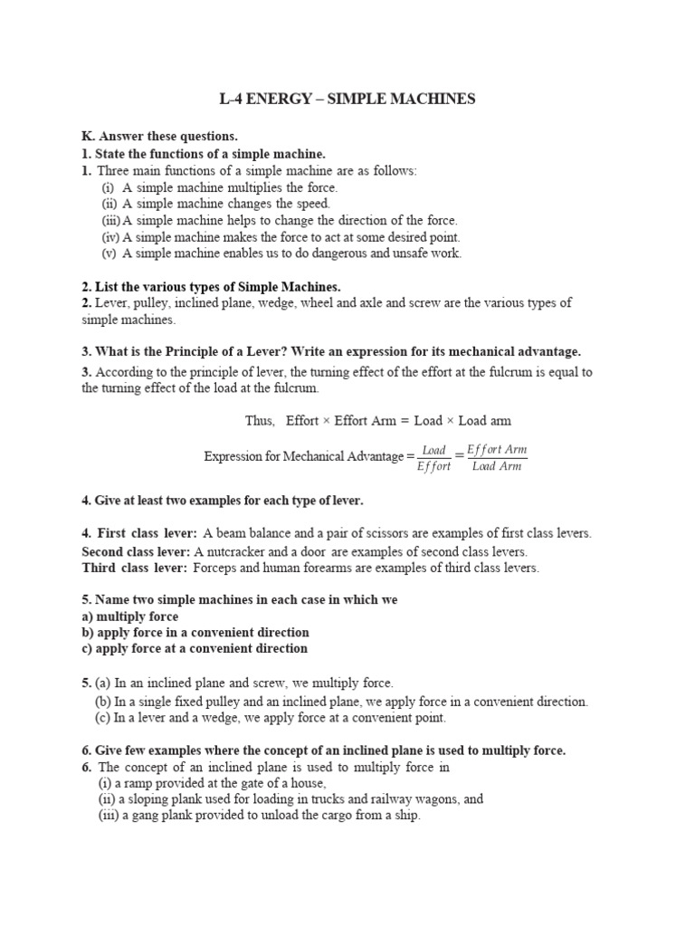 Class VI L-4 Simple Machines - Questions & Answers | PDF | Lever | Machines