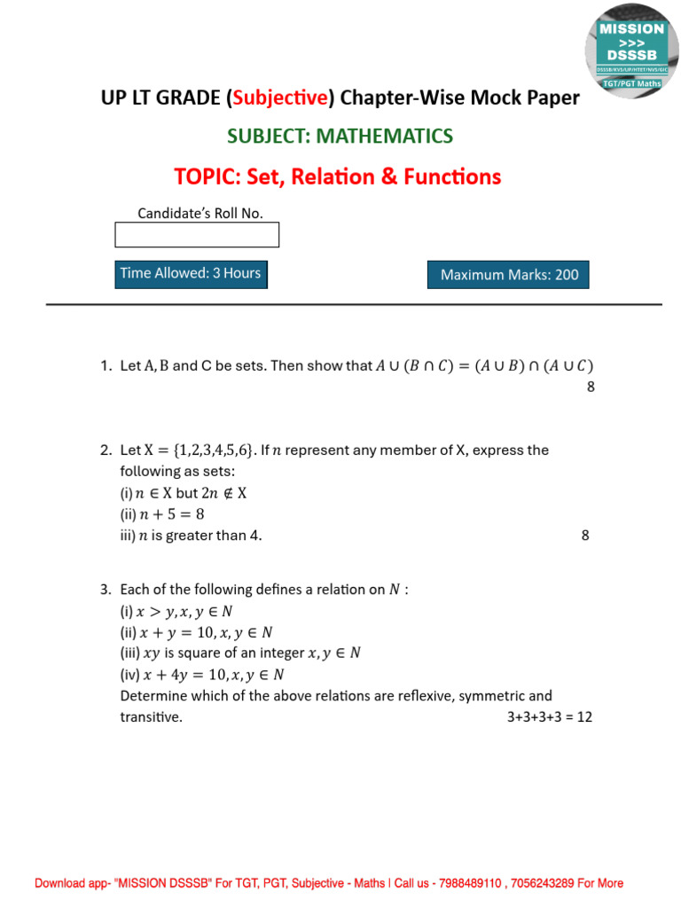 Test - 1 (Set, Relations & Functions) | PDF | Number Theory | Mathematics