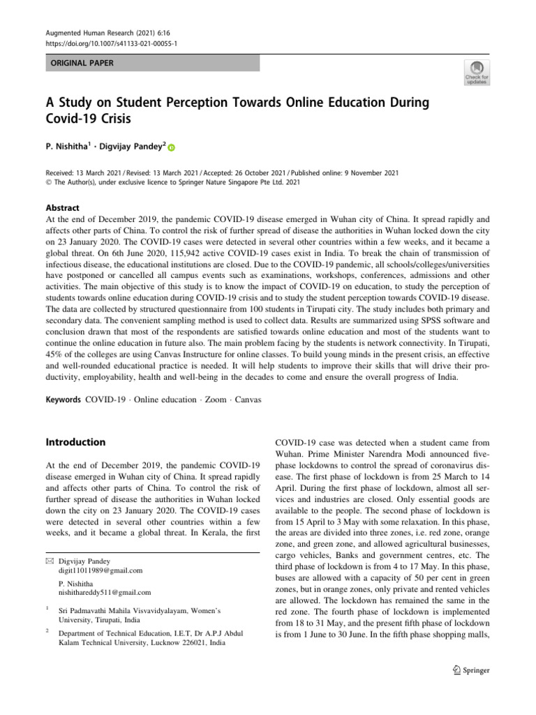 A Study On Student Perception Towards Online Education During Covid-19 ...