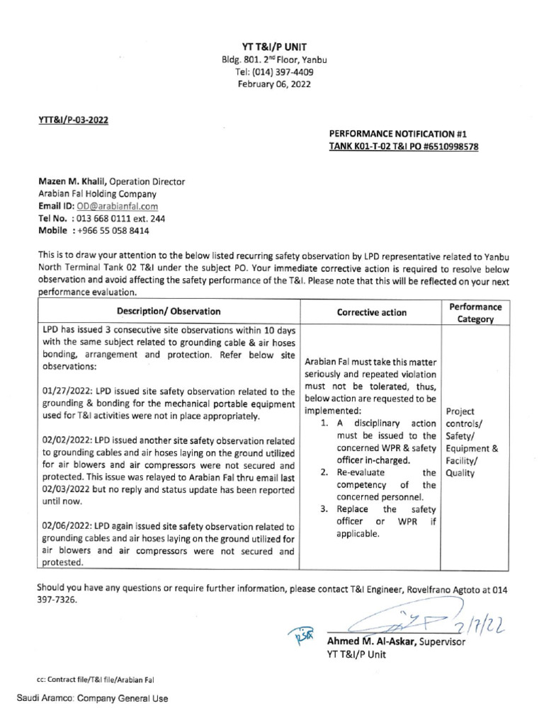 Tank 02 T&I - Performance Notification #1. | PDF