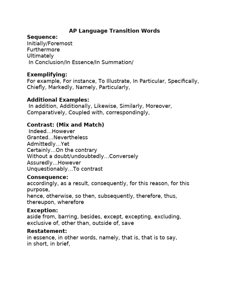 AP Language Transition Words | PDF