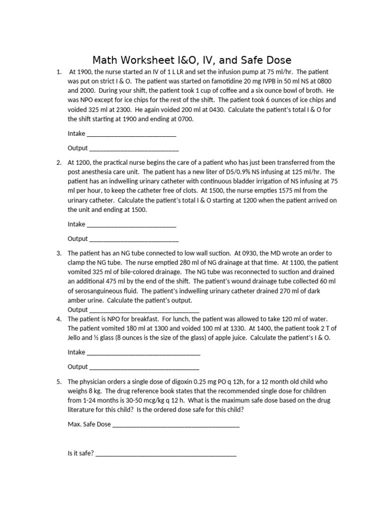 MATH Worksheet IVandSafeDose(1) | PDF | Dose (Biochemistry) | Chemistry