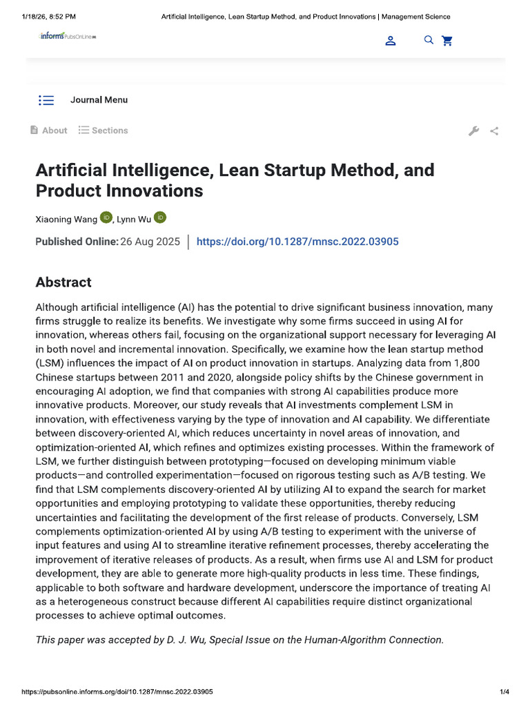 Artificial Intelligence, Lean Startup Method, and Product Innovations | PDF