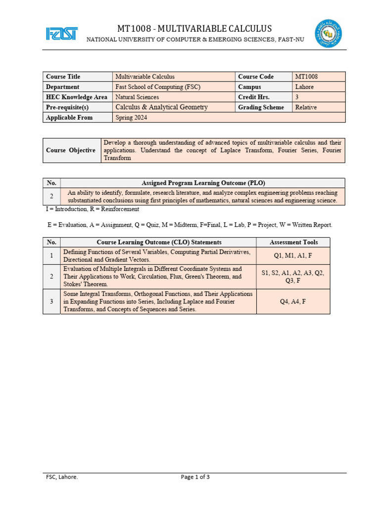 Course Outline-Multivariable Calculus (MT1008) | PDF | Integral ...