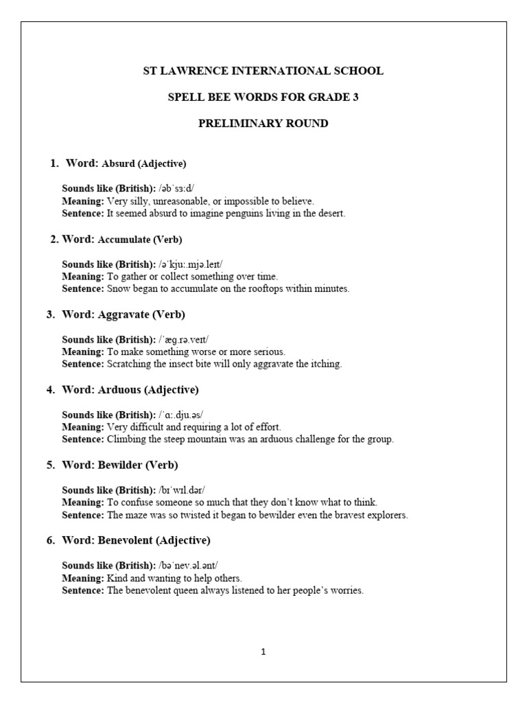 Spell Bee Words Second Slot For Grade 3.1 | PDF | Adjective | Word