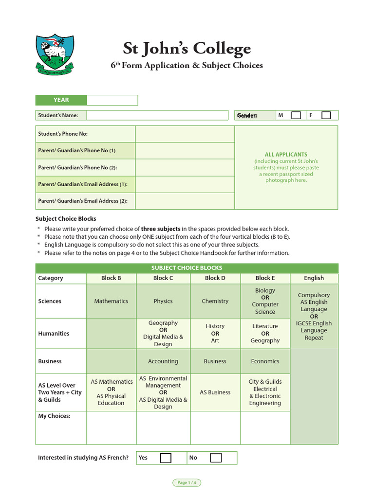 SJC 6th Form Applications Subject Options (1) | PDF