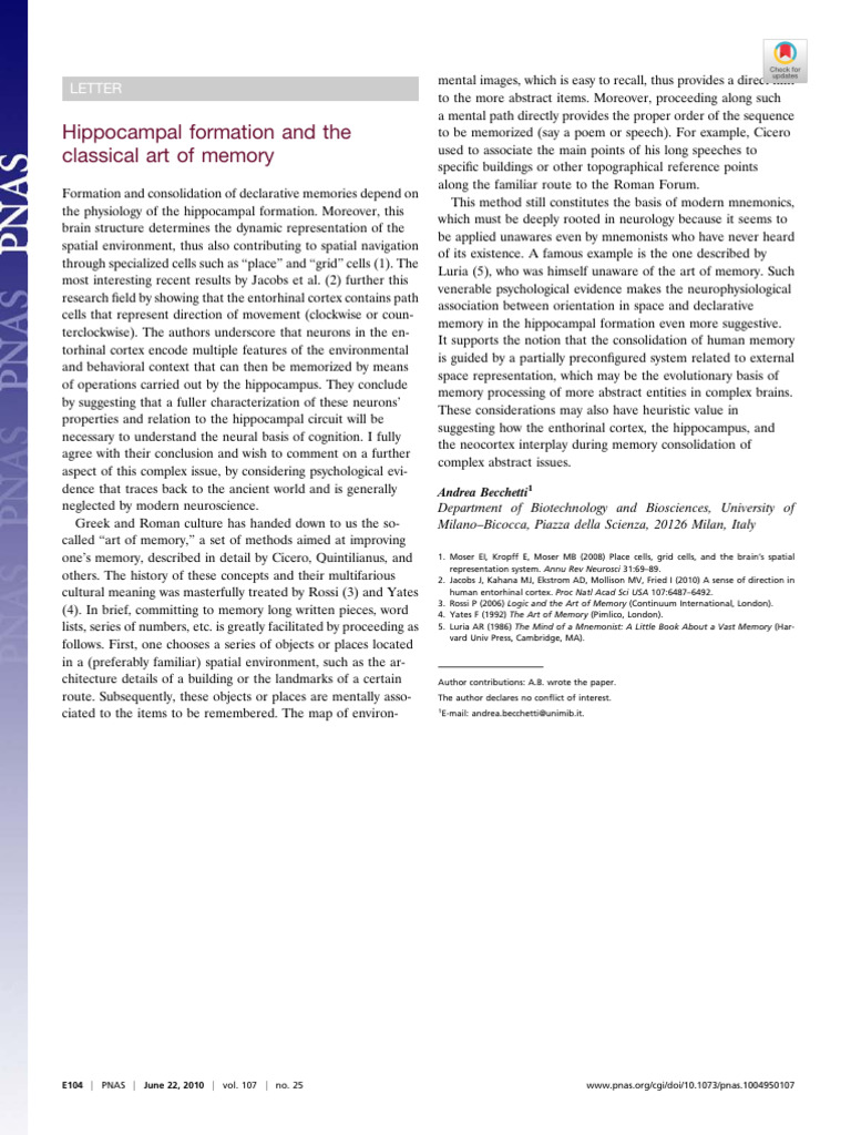 Hippocampal Formation and The Classical Art of Memory | PDF | Memory ...