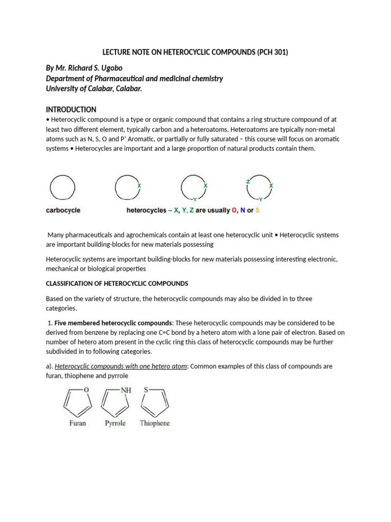 PCH 301 MR Richard Ugobo. Heterocyclic | PDF | Heterocyclic Compound ...