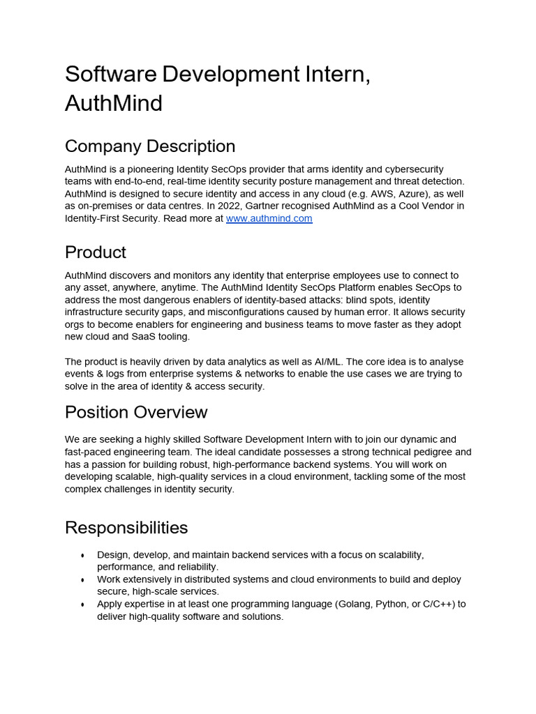JD - Software Development Intern, AuthMind | PDF | Cloud Computing ...