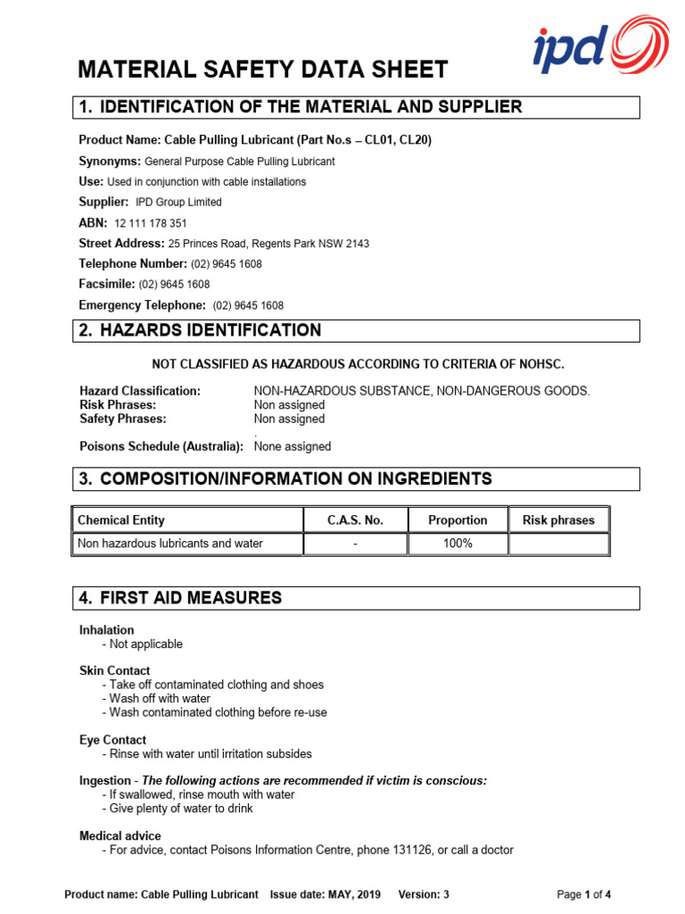 CL20 - MaterialSafetyDatasheet - Cable Pulling Lubricant | PDF ...