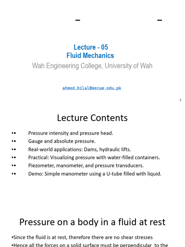 Fluid Mechanics Lecture 5 | PDF | Pressure | Pressure Measurement