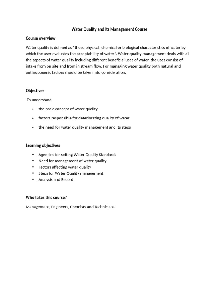 Water Quality and Its Management | PDF