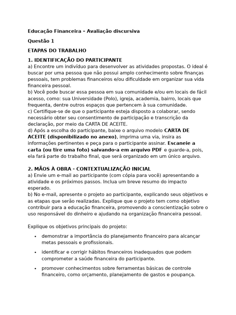 Avaliação Discursiva - Educação Financeira | PDF | Educação Financeira ...