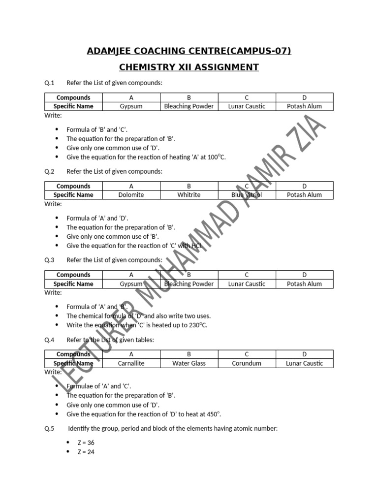 Chemistry Assignment XII | PDF | Chemical Compounds | Materials