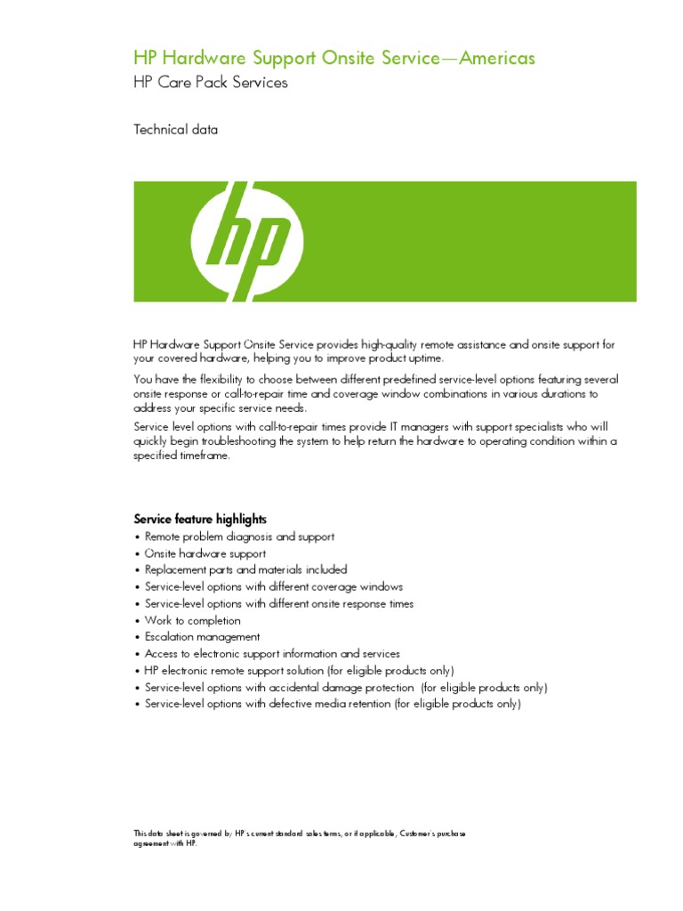 HP Hardware Support Onsite ServiceAmericas HP Care Pack Services PDF Solid State Drive