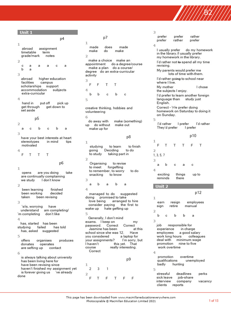 B2 Workbook Answer Key Units1 2 3 | PDF