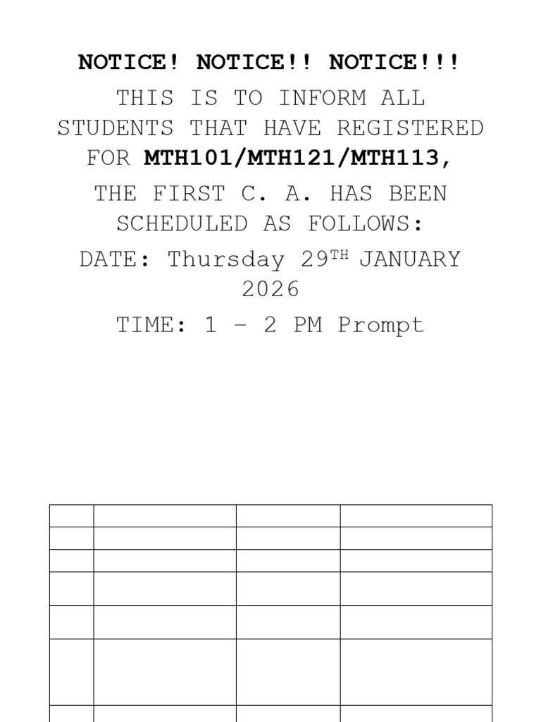 Notice For Ca MTH101 121 113 2025 26 | PDF