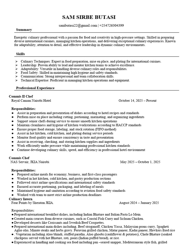 Resume - Sam Updated 2026 | PDF | Chef | Kitchen