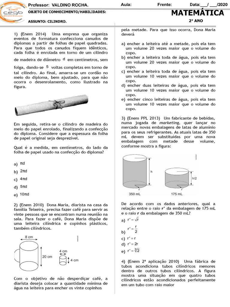Exercícios de Cilindro | PDF
