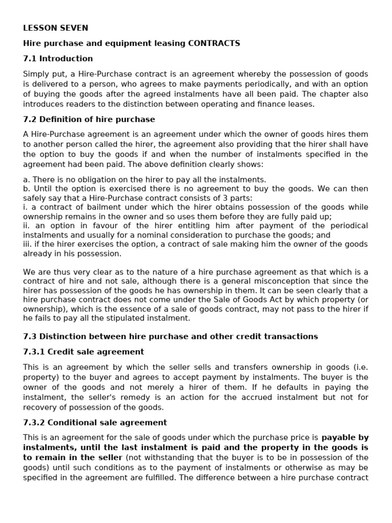 CHAPTER 7 HIRE PURCHASE AND LEASING CONTRACT | PDF