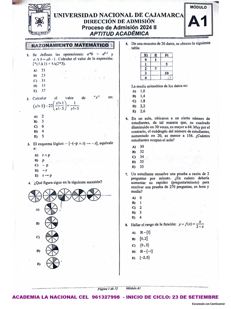 MÓDULO A1 - ADMISIÓN UNC 2024-II_240909_101154 | PDF