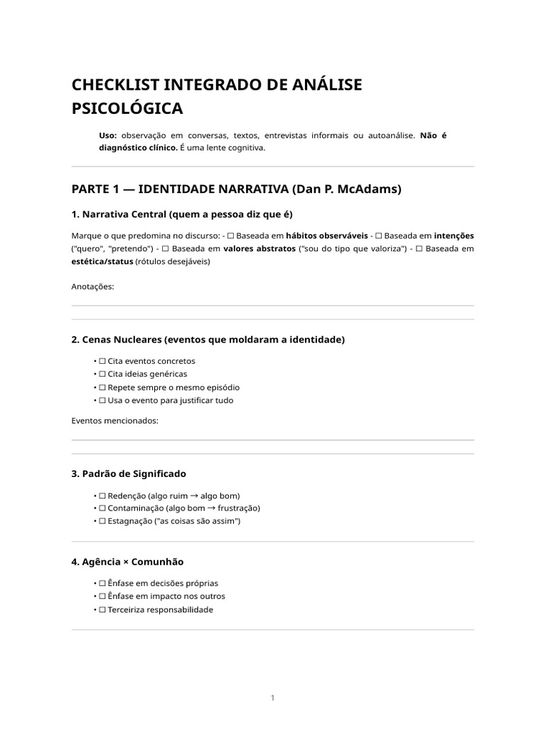 Checklist Integrado de Análise Psicológica (MC Adams, Dąbrowski, Kegan ...
