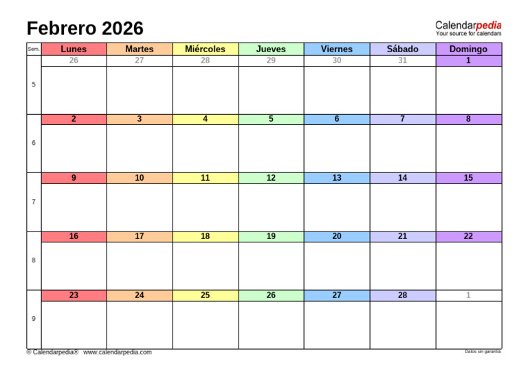 Calendario Febrero 2026 Espana Horizontal | PDF